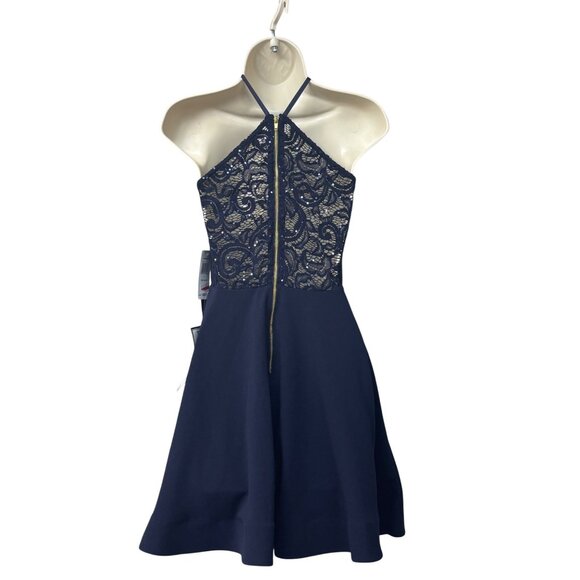 Sequin Hearts Juniors' Sequined Lace-Back Scuba Dress, Navy, Sz 1 - Picture 3 of 12